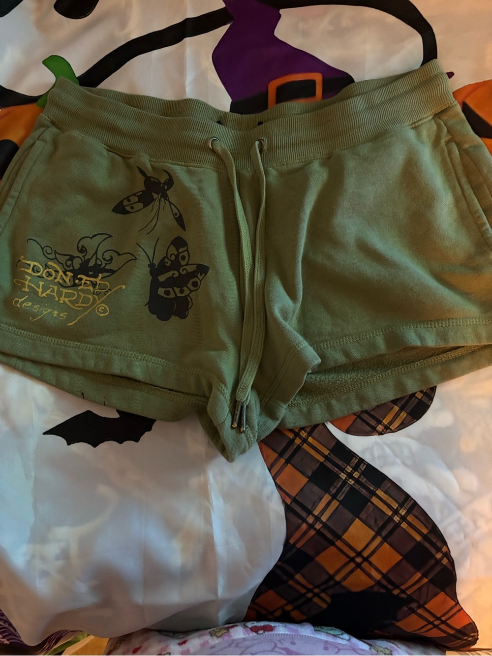 Ed Hardy Olive Green Butterfly Logo Athletic Shorts